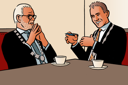 Een illustratie waarin Robbert-Jan van Duijn en Hans Gaillard met elkaar spreken